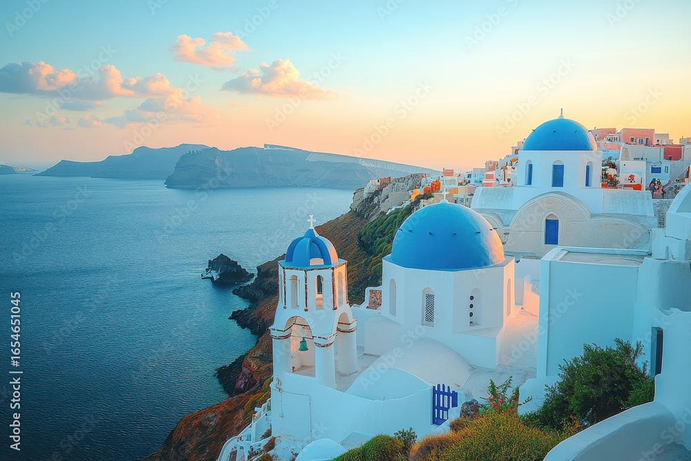 Fototapeta premium Church overlooking Aegean Sea in Oia, Santorini.