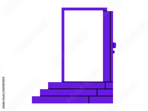 Hand drawn cute illustration of open door with steps. Flat vector welcome sign doodle. Opportunity or progress icon or sticker. Next step concept. Сareer ladder. Returning home. Isolated.