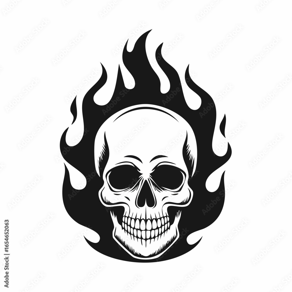 Obraz premium Skull Fire Flames Vector Image. Black white Skull Fire Flames Vector Image on white background.