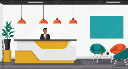 Stylish hotel lobby or office reception area with modern furniture