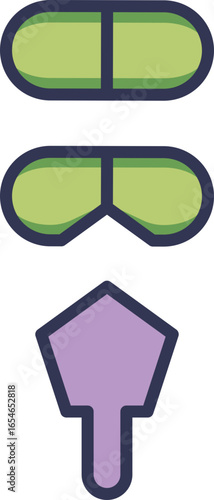 Icon set illustrating an antihistamine drug concept. Features a pill, lab goggles, and a molecule symbol, representing the science, research, and final medication for allergy treatment.