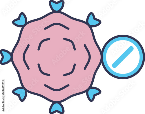 Icon of a pill next to a virus or inflamed cell, illustrating the therapeutic effect of medication. Symbolizes anti-inflammatory action, pain relief, and fighting illness at a cellular level.