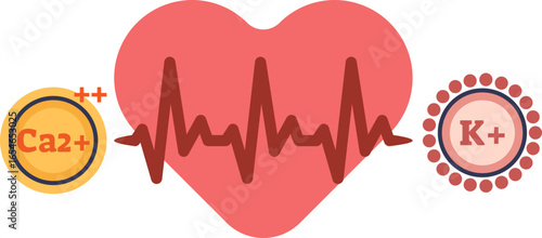 An illustration of a heart with an EKG line, flanked by Calcium (Ca2+) and Potassium (K+) ions. Represents electrolyte imbalance as a cause of cardiac arrhythmia and irregular heartbeat.
