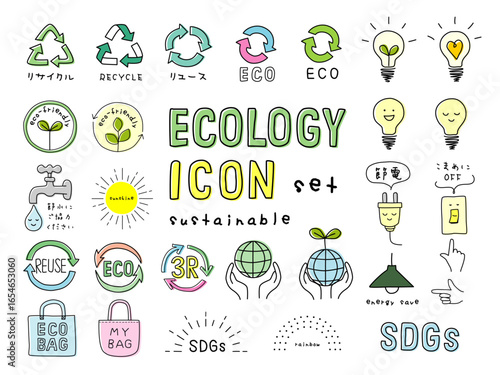 A collection of hand-drawn ecology icons featuring recycling symbols, light bulbs, water conservation, and sustainable development goals.