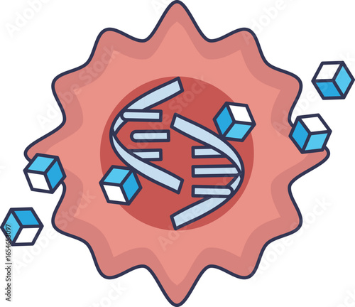 An illustration of chemotherapy drugs attacking a cancer cell. The drug molecules are shown damaging the cell's DNA helix, representing the cytotoxic mechanism of action in cancer treatment.