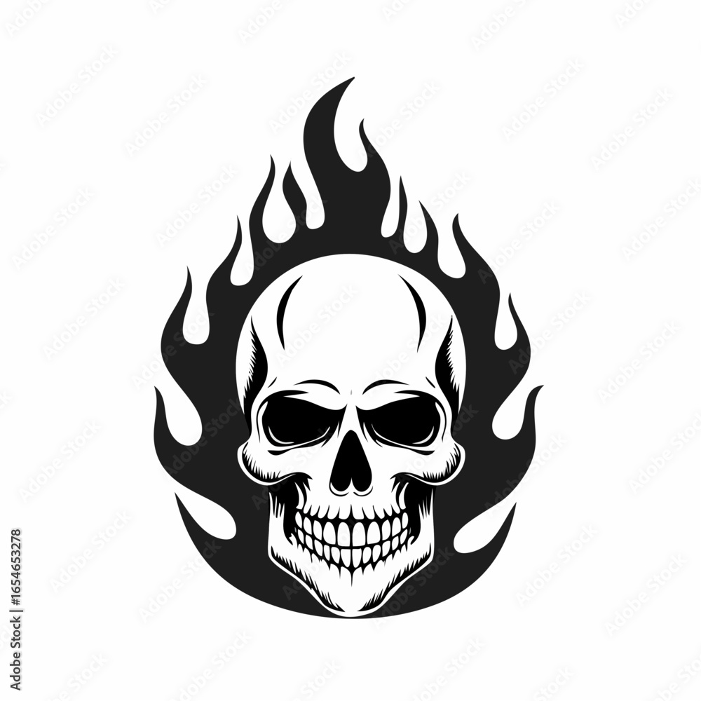 Fototapeta premium Flaming Skull Images Vector. Black white Skull Fire Flames Vector Image on white background.