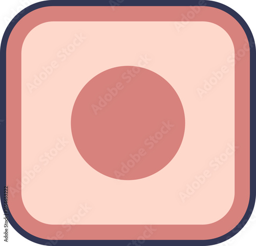 Abstract icon of a cuboidal block. A pink rounded square with a central circle, symbolizing a single point, a die face, or a minimalist geometric shape. Modern, simple design.