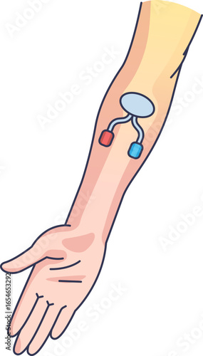 An illustration of an arm with a subcutaneous dialysis port. The device shows red arterial and blue venous access points, representing a modern vascular access method for hemodialysis.