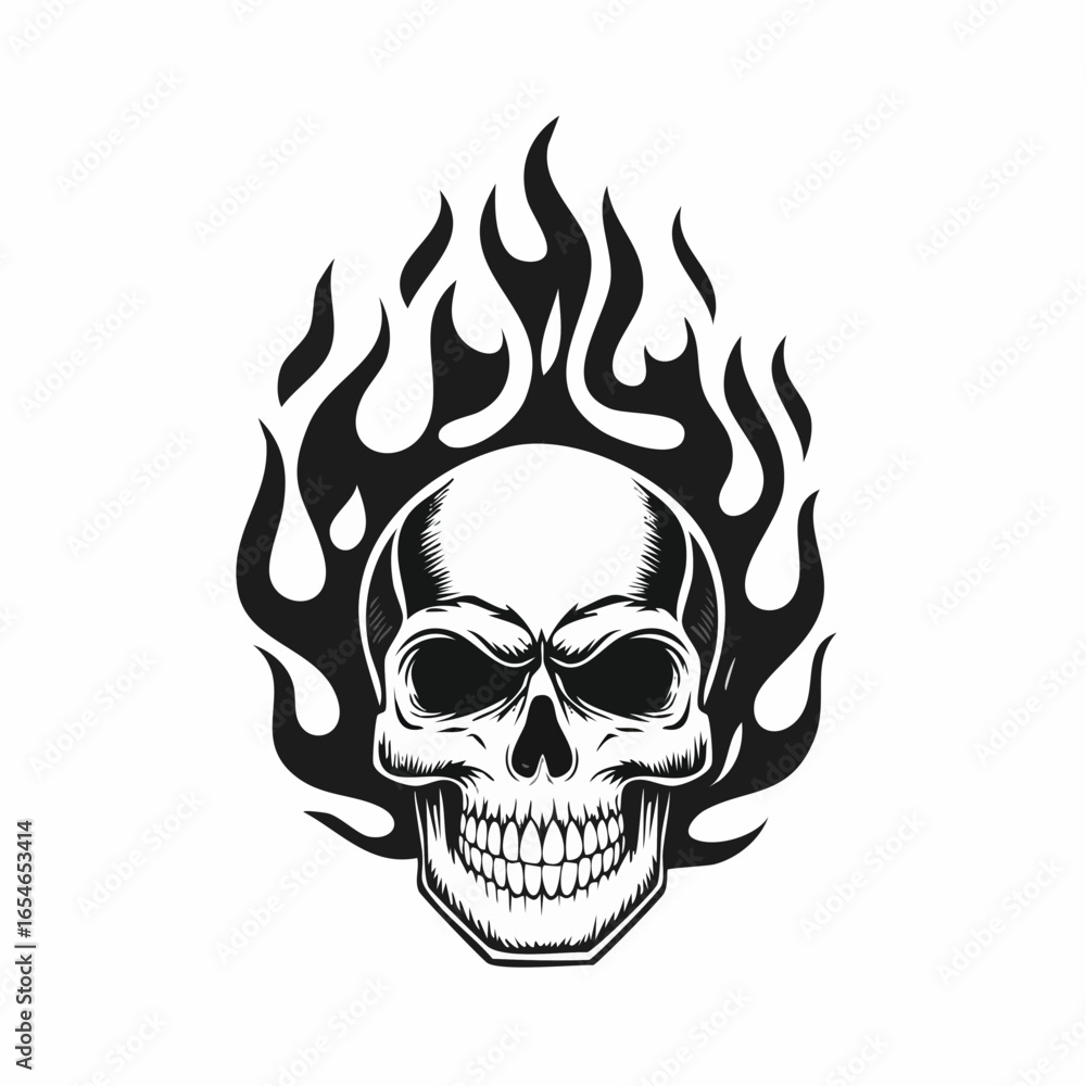 Fototapeta premium Flaming Skull Images Vector. Black white Skull Fire Flames Vector Image on white background.