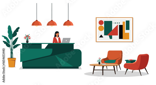 Modern reception area featuring geometric art and welcoming decor elements