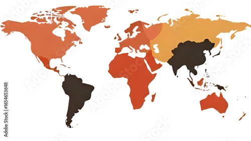 World map illustration showing continents in shades of brown, orange, and red on a white background.