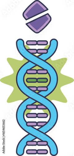 An illustration of a DNA helix with a highlighted mutation. A broken gene symbol represents a genetic test for clotting disorders, symbolizing analysis of hereditary thrombophilia.