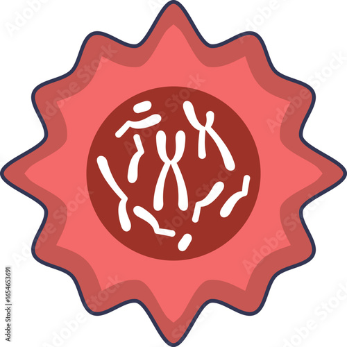 A stylized cell with fragmented chromosomes in its nucleus, representing genomic instability, DNA damage, and genetic mutations often linked to cancer.