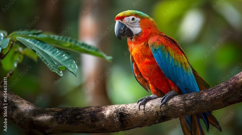 custom made wallpaper toronto digitalColorful parrot on a tree branch in a tropical forest, vibrant and sunlit. Concept : Wildlife photography, tropical nature, exotic birds, vibrant colors, natural habitat, tropical ecosystem.