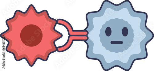 A cancer cell (red) deactivates a T-cell (blue) via immune checkpoint binding (e.g., PD-L1 to PD-1), illustrating the mechanism of tumor immune evasion in oncology.