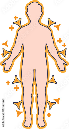 An illustration of a human body experiencing ketoacidosis. The orange aura and surrounding symbols represent the high levels of ketones and acid buildup, a serious metabolic state.