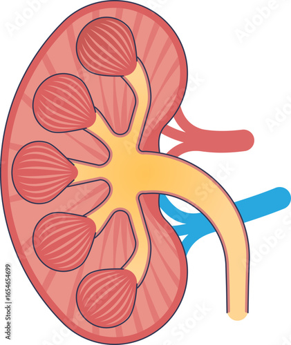Anatomical illustration of a human kidney cross-section. Shows the renal cortex, medulla, pelvis, artery, and vein. Represents the urinary system, urology, and human organ structure.