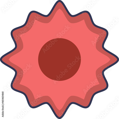 Stylized icon of a malignant cancer cell. Features an irregular, spiky membrane and a central nucleus, symbolizing uncontrolled cell division, oncology, and tumor growth.