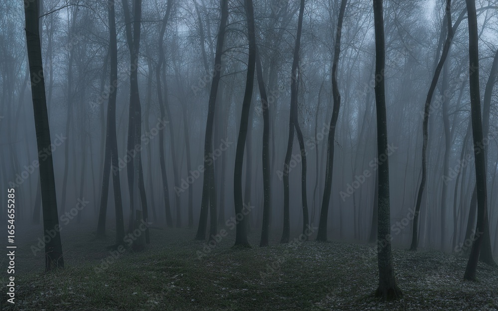 Obraz premium Eerie and Atmospheric Foggy Forest Scene Depicting Mystery and Solitude in the Woods with Dense Fog and Bare Trees
