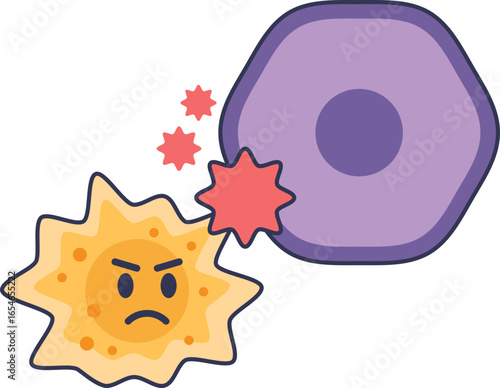 Illustration of an autoimmune attack on the pancreas. An angry immune cell is shown destroying a pancreatic beta cell, representing the mechanism of Type 1 diabetes.