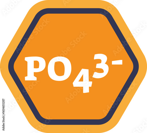 An icon showing the chemical formula for a phosphate ion, PO₄³⁻, inside an orange hexagon. Represents phosphate in chemistry, agriculture, and water quality testing.