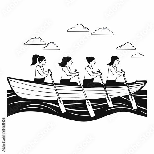 Group of woman rowing in a rowboat Black and white vector illustration