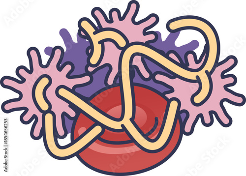 Vector illustration of a red blood cell (erythrocyte) trapped in a fibrin mesh with activated platelets. This graphic depicts the process of blood clotting, coagulation, and thrombosis.