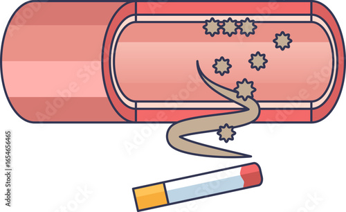 Illustration of a cigarette releasing toxins into a blood vessel, causing plaque buildup. Symbolizes smoking's damage to cardiovascular health and atherosclerosis.
