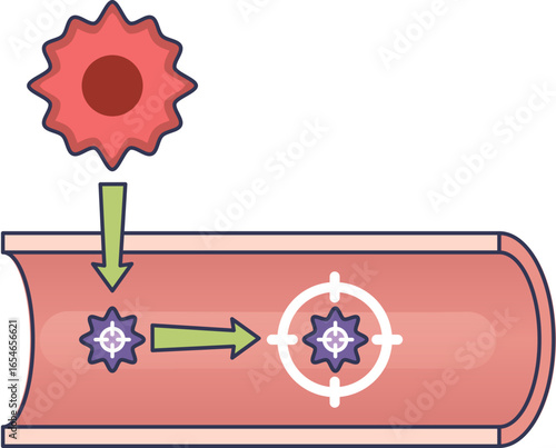 Illustration of a cancer cell releasing a tumor marker into the bloodstream. The marker is then targeted, symbolizing liquid biopsy for early cancer diagnosis.