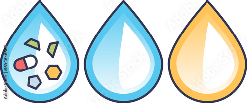 Vector icon of three droplets for urine analysis. One drop contains particles and a pill, one is clear, and one is yellow, symbolizing urinalysis, drug testing, and hydration levels.