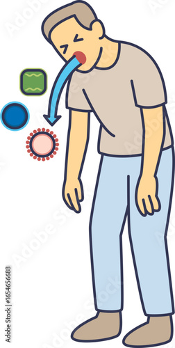 Illustration of a man vomiting due to pathogens, symbolizing fluid and electrolyte loss. Depicts symptoms of gastroenteritis, leading to dehydration and ion imbalance.