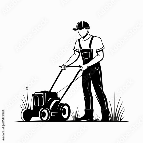 Lawn Mover worker vector. Black and white Lawn Mover worker vector isolated on white background.