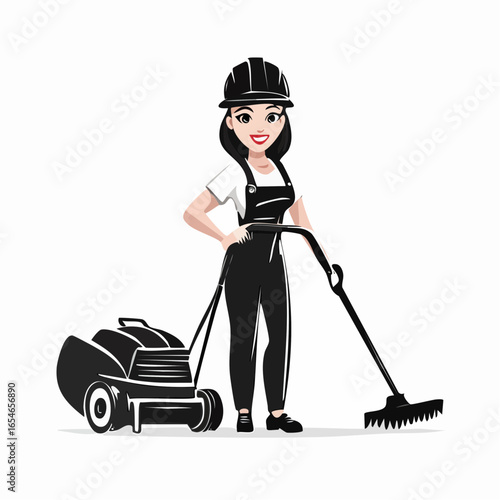 Lawn Mover worker vector. Black and white Lawn Mover worker vector isolated on white background.