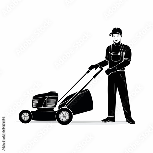 Lawn Mover worker vector. Black and white Lawn Mover worker vector isolated on white background.