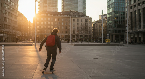 Skater gliding across empty urban plaza