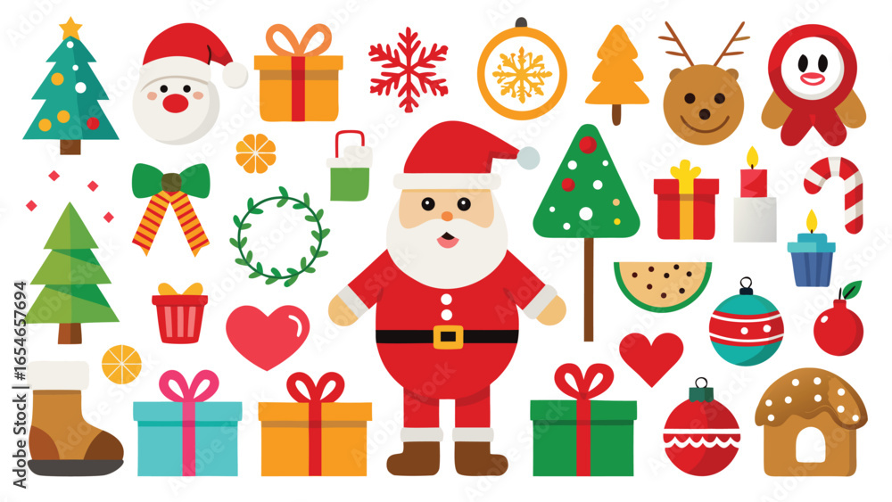 Fototapeta premium Festive Christmas Icons and Elements Featuring Santa Claus and Holiday Decorations