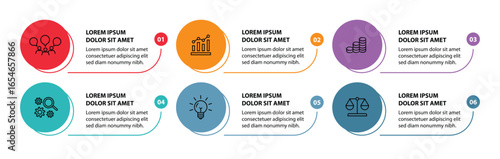 6 steps infographic template with 6 options. Flowchart that can be used for business report, data visualization and presentation. Timeline infographic elements vector illustration.