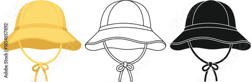 Three sun hats in different styles and colors on white background