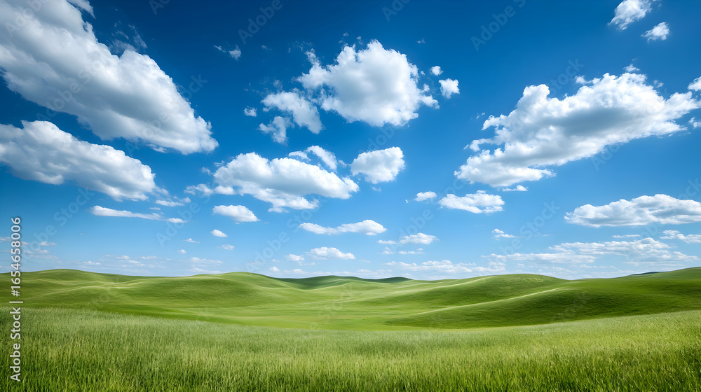 Vast Green Field Under Blue Sky with Clouds Vast Green Field Under Blue Sky with Clouds
