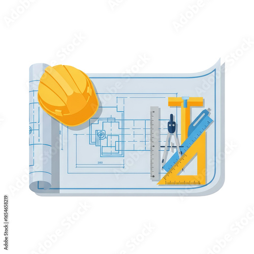 Architectural Blueprint with Construction Tools blueprint architecture construction design engineering plan drawing building project hard hat