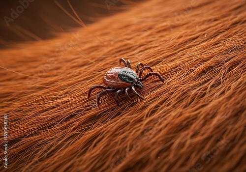 Blood-Engorged Tick Crawling Through Host Animal's Fur, Tick Parasite Close-Up on an Animal's Brown Fur