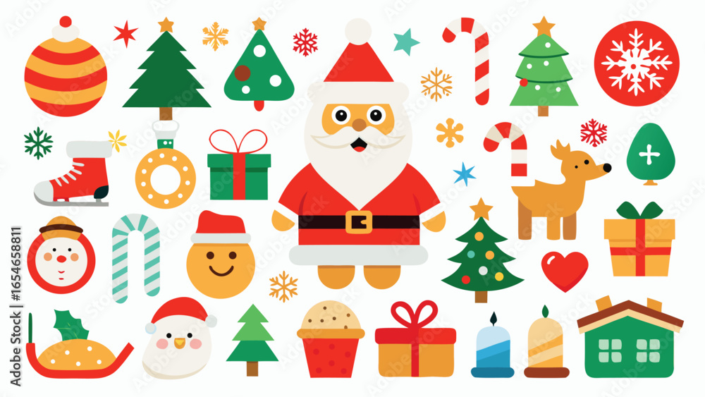 Naklejka premium Festive Christmas Icon Set Featuring Santa Claus Trees Ornaments and Holiday Elements