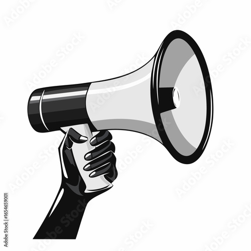Black and white Human hand holding loudspeaker image vector on white background.