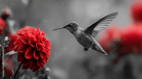 Hummingbird near red flower