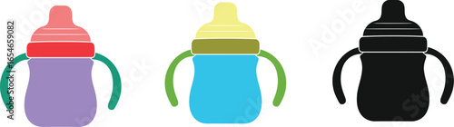 Three baby bottles with handles in different styles and colors