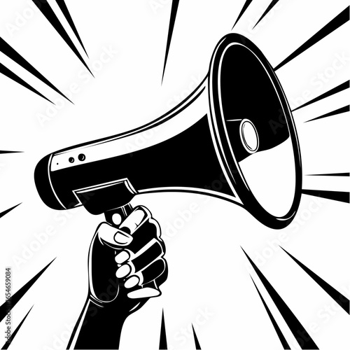 Black and white Human hand holding loudspeaker image vector on white background.