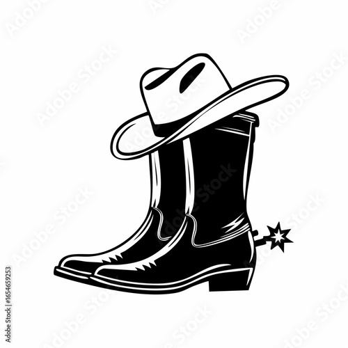 Black and white Cowboy boots and western hat image vector isolated on white background.