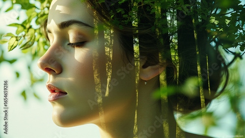 Double Exposure Portrait of Woman with Nature, Serene Female Face Blended with Forest Imagery, Artistic Concept of Woman and Nature Harmony