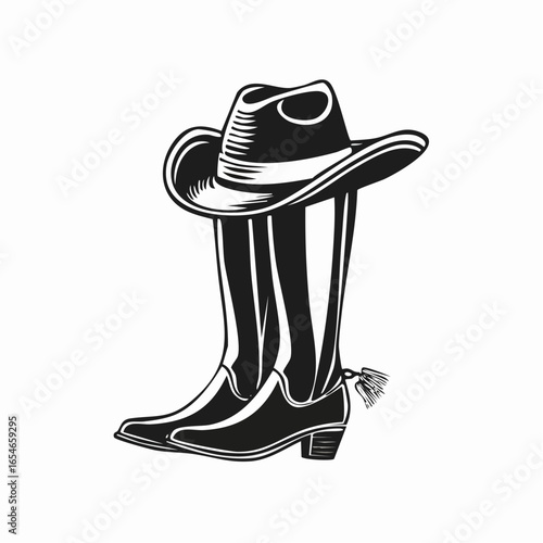 Black and white Cowboy boots and western hat image vector isolated on white background.