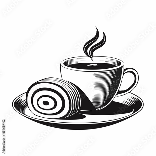 Delicious Cup of Coffee and Swiss Roll Cake on a Plate image vector isolated on white background.